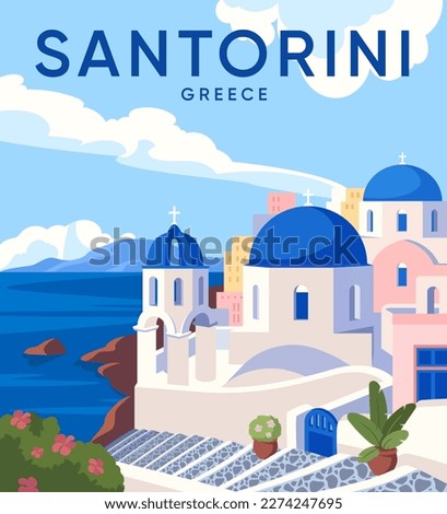 Colorful travel poster. Mediterranean Greek architecture with white buildings with blue roofs on the seashore. Greece Santorini. Tourism, vacation and journey. Cartoon flat vector illustration Royalty-Free Stock Photo #2274247695