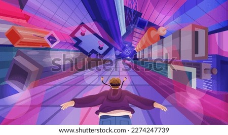 Metaverse and virtual reality. Man in VR glasses flies over roofs of city, skyscrapers and towers. Digital world and cyberspace. Gaming in augmented reality. Cartoon gradient vector illustration Royalty-Free Stock Photo #2274247739