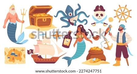 Pirate sticker set. Colorful patches with mermaid, neptune, treasure chest, treasure hunt map, pirate sailing ship, rudder and anchor. Cartoon flat vector collection isolated on white background Royalty-Free Stock Photo #2274247751