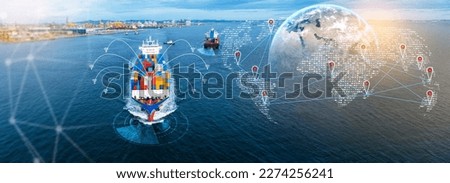 Technology Cargo Container Ship Futuristic Global Logistics international delivery concept, World map logistic and supply chain network distribution container export import to customs technology. Royalty-Free Stock Photo #2274256241