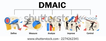 Set of icons of DMAIC meaning define, measure, analyze, improve and control. Business strategy, company process improvement. Concept of business, career development, success and growth. Banner
