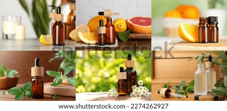 Different essential oils in glass bottles, collage design