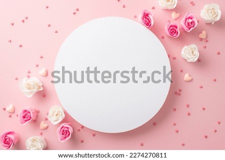 Mother's Day celebration concept. Top view photo of white blank circle white and pink roses small hearts and sprinkles on isolated pastel pink background with copyspace