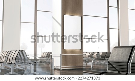 Blank white led light box in airport lounge mockup, 3d rendering. Empty information banner in waiting terminal mock up, side view. Clear hallway or departure lobby with seat and sign. 3D Illustration