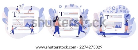 Editor and copywriting services. Tiny people copywriters checking grammar and spelling document page. Online editing. Modern flat cartoon style. Vector illustration on white background Royalty-Free Stock Photo #2274273029