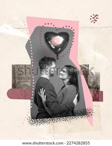 Contemporary art collage. Creative design. Happy lovely young couple celebrating dating anniversary. Romance. Concept of family, love, relationship, emotions and feelings. Banner. Postcard