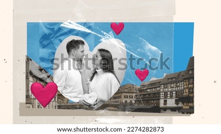 Contemporary art collage. Creative design. Happy young couple smiling showing love to each other over city background. Concept of family, love, relationship, emotions and feelings. Banner. Postcard