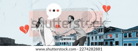 Contemporary art collage. Creative design. Breakup. Man holding female hand, returning back his girlfriend over city background. Concept of family, love, relationship, emotions and feelings