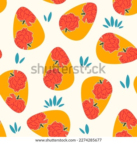 Cute colorful easter seamless vector pattern illustration with yellow egg with red flowers on white background