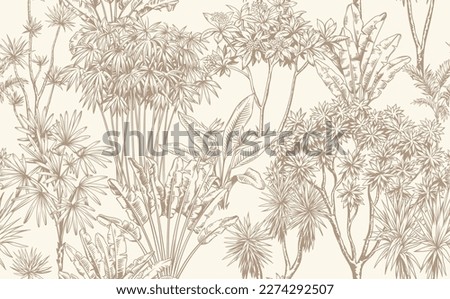 Vintage seamless pattern with tropical trees. Monochrome botanical illustration. Vector foliage design in linear stile. Royalty-Free Stock Photo #2274292507