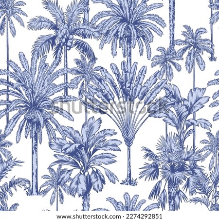 Vintage seamless pattern with tropical palms. Trees in linear style. Vector botanical illustration. Foliage design for wallpaper, textile and wrapping paper.