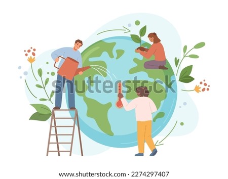 Preserving and saving nature on Earth. Isolated people growing trees and plants, watering and reducing global warming negative effect. Vector in flat style