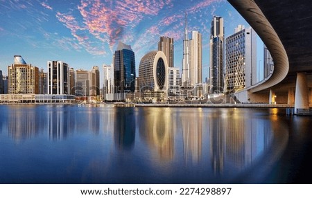 Panaroma of Dubai skyline with Burj khalifa and other skyscrapers at night from Al Jadaf Waterfront; UAE Royalty-Free Stock Photo #2274298897