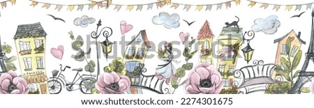 Horizontal banner with houses, Eiffel Tower, Parisian woman, flowers and plants. Watercolor illustration with graphic elements. Seamless pattern from a large set of PARIS. For decoration and design