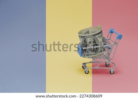 Metal shopping basket with big dollar money banknote on the national flag of romania background. consumer basket concept. 3d illustration