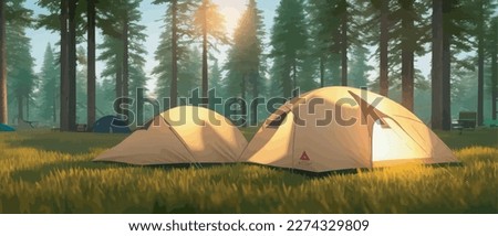 Tourist summer camping with tents vector illustration banner. Camping area in a clearing in a nordic forest in a spruce forest with sun rays. Tourism in nature.