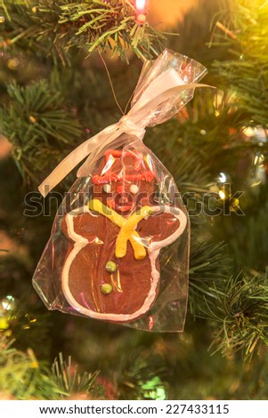 Beautiful hand made gingerbread man on Christmas Tree