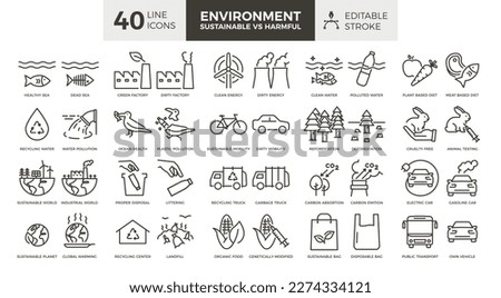 Environment, Sustainable vs Harmful. Vector thin line 40 icons set with editable stroke. Icons representing healthy concepts and unhealthy unsustainable concepts. Nature protection, planet care Royalty-Free Stock Photo #2274334121