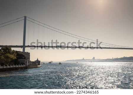 Picture of the Istanbul Bosphorus bridge seen from below during a sunny afternoon. The Bosphorus Bridge, known officially as the 15 July Martyrs Bridge and unofficially as the First Bridge.