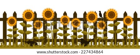 vector picket fence with sunflowers and birds isolated on white background