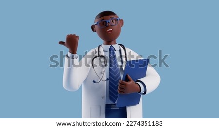 3d render, cute cartoon character doctor wears glasses and holds blue clipboard. Smart professional african male specialist. Medical science clip art isolated on blue background