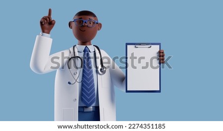 3d render, cartoon character doctor with dark skin, wears glasses, shows finger up, holds clipboard with blank paper. Medical health care clip art isolated on blue background. Idea concept