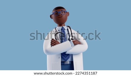 3d render, cartoon character smart confident trustworthy african doctor wears glasses and looks at camera. Proud professional male specialist. Medical clip art isolated on blue background