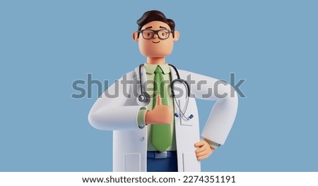 3d render, cartoon character smart doctor wears glasses and shows thumb up. Medical clip art isolated on blue background. Best choice concept. Health care recommendation metaphor