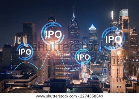 Skyscrapers Cityscape Downtown View, Philadelphia Skyline Buildings. Beautiful Real Estate. Night time. IPO hologram. Business education initial primary offering concept.