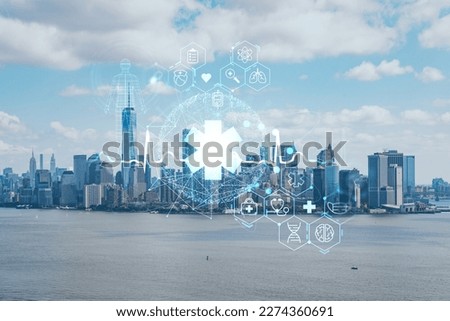 Aerial panoramic helicopter city view of Lower Manhattan and Downtown financial district, New York, USA. Health care digital medicine hologram. The concept of treatment and disease prevention