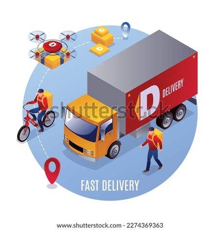 Fast Delivery, special vehicles and couriers vector illustration isometric icon on blue isolated background