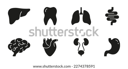 Healthcare Glyph Icon. Internal Organ Anatomy Black Pictogram. Human Brain, Intestine, Urinary System, Tooth, Stomach, Lung, Liver, Heart Silhouette Icon Set. Isolated Vector Illustration. Royalty-Free Stock Photo #2274378591
