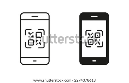 Scan QR Code on Smartphone Line and Silhouette Icon Set. Payment Scanner in Mobile Phone Pictogram. Square Barcode App for Pay Symbol Collection on White Background. Isolated Vector Illustration.