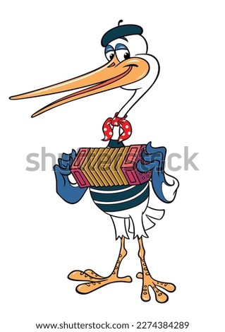 Musician stork dressed as a Parisian mime. Cute cartoon stork plays the concertina. Vector color image of a cartoon stork isolated on white.
