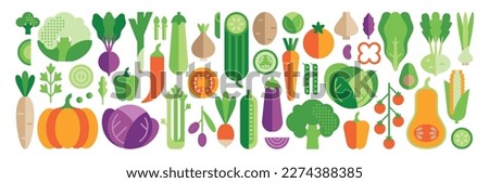 Set with vegetables: broccoli, cucumber, cauliflower, tomato, pumpkin, zucchini, eggplant, carrot, pepper, beetroot. Healthy vegan food. Vector icons isolated on a white background. Simple flat style. Royalty-Free Stock Photo #2274388385