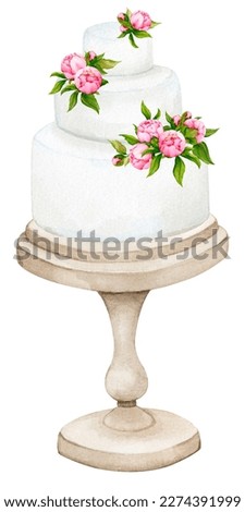 Wedding cake on a stand decorated with peony flowers. Watercolor holiday clipart for greeting cards, invitations, menus, logos, stationery, fabric prints. Wedding, birthday, anniversary design.