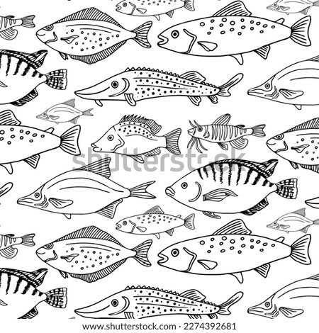 Seamless pattern with hand drawn sketching fished isolated on white background