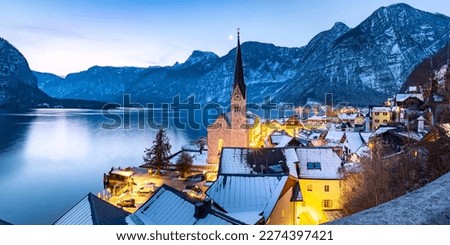 Famous Hallstatt mountain village in the Austrian Alps at sunrise, Austria Royalty-Free Stock Photo #2274397421