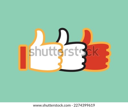 Concept vector graphic- social media like hand icons ( signs ) set used in sites like facebook. The illustration shows three thumbs up signs in orange, red and black colors