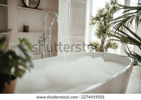 Soft native hues organic shapes look of bathroom with big window oval bathtub in neutrals tones. Green palm plants candles bubblebath leasure and relaxation skin selfcare wellness luxury living Royalty-Free Stock Photo #2274419501