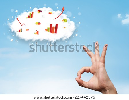 Happy finger smiley faces on hand with graph cloud icons in the sky