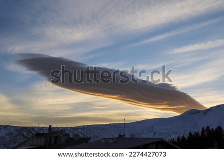 Epic scenic sunset sunrise in the lenticular clouds, golden hour orange and red, dramatic, sky replacement landscape photography, Bursa in TURKEY (Turkiye)
