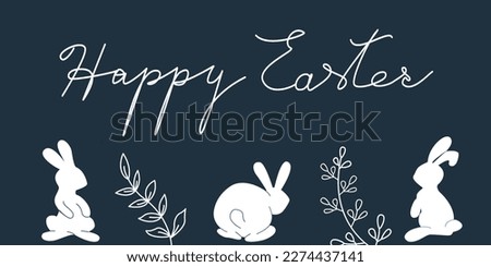Cute hand drawn Easter horizontal greeting banner with bunnies, flowers, beautiful background, great for Easter Cards, banner, textiles, wallpapers - vector design. Vector illustration