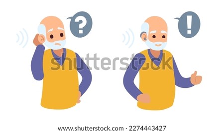 Elderly man is deaf, old man is wearing hearing aid and he hears well. otolaryngology treatment. Healthcare device, medicine technology, cartoon flat character. Vector set Royalty-Free Stock Photo #2274443427