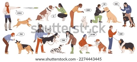 Dog training. Cartoon obedient pets carry out dog different handler commands, owner trains animals, outdoor puppy active teaching on professional playground tidy vector cartoon flat set