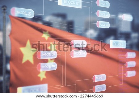 Abstract virtual coding concept on flag of China and blurry cityscape background. Multiexposure