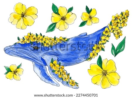 Painted whale with yellow flowers. Sea inhabitants. Sea. Ocean. Blue whale. Yellow flowers. Clip art. Nuor of elements for decoration. Children's theme.