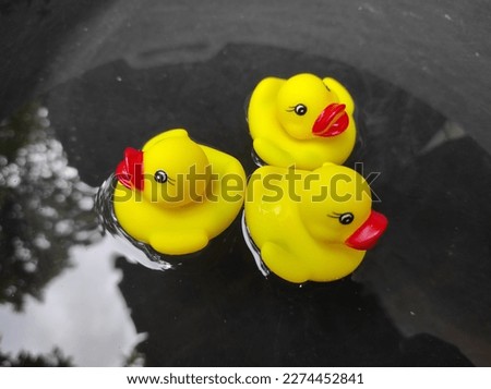 Summer season, the concept of a children's game. A small rubber yellow duck swims in the water in the pool. Toy close-up. A symbol of swimming, childhood, friendship, fun game.