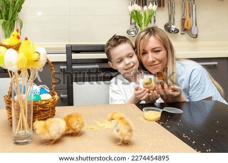 Loving young mother and happy little kid son have fun with cute little chicks during Easter holidays while sitting together at kitchen table. Surprise, joy from communication with small animals.