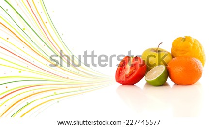 Healthy tropical fruits with colorful abstract lines on white background